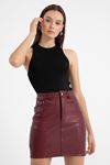 Leather Fabric Tight Fit Midi Skirt - Burgundy
