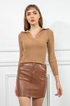 Leather Fabric Tight Fit Midi Skirt - Light Brown