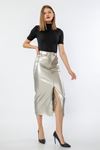 Faux Leather Tight Fit Slit Midi Skirt - Silver