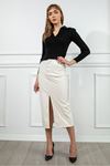 Faux Leather Tight Fit Slit Midi Skirt - Ecru