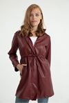 Faux Leather Long Sleeve Zip Neck Full Fit Women Trench Coat - Burgundy