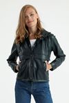 Leather Fabric Long Sleeve Hooded Hip Height Tight Fit Women Jacket - Emerald Green