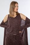 Melange Fabric Long Sleeve Bicycle Collar Midi Comfy Gray Women'S Set 3 Pieces - Brown
