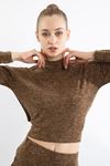 Knitting Melange Fabric Long Sleeve Stand Up Collar Tied İn The Back Blouse - Mustard