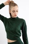 Knitting Melange Fabric Long Sleeve Stand Up Collar Tied İn The Back Blouse - Emerald Green