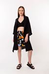 Müslin Kumaş Uzun Kol Şal Yaka Diz Altı Boy Bürümcük Kadın Kimono-Siyah