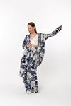 Viskon Kumaş Uzun Kol Yakasız Oversize/Salaş Kadın Kimono-Lacivert