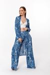 Viskon Kumaş Uzun Kol Yakasız Bol Kalıp Etnik Desenli Kadın Kimono-Mavi