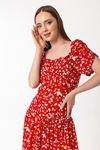 Empirme Kumaş Kare Yaka Çiçek Desen Büzgü Detay Kadın Elbise-Kırmızı