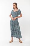 Empirme Kumaş Kare Yaka Çiçek Desen Büzgü Detay Kadın Elbise-Mint