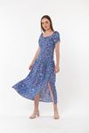 Short Sleeve Square Neck Midi Shirred Flower Print Women Dress - Blue