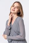 Chiffon Fabric Long Sleeve V-Neck Long Laced Women Dress - Grey