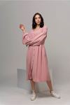 Aerobin Fabric Long Sleeve V-Neck Midi Oversize Asymmetric Women Dress - Light Pink