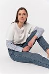 Knit Fabric Long Sleeve Bicycle Collar Wide Striped Blouse - Dark Blue