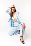 Atlas Fabric Revere Collar Below Hip Classical Single Button Women Jacket - Light Blue