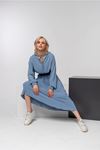 Aerobin Fabric Long Sleeve Hooded Oversize Blouse - Blue