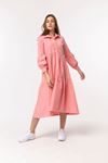 Soft Fabric Long Sleeve Shirt Collar Midi Oversize Women Dress - Salmon Pink