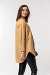 Soft Dokuma Kumaş Oversize/Salaş Düğme Detaylı Kadın Gömlek-Bej