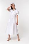 Soft Fabric Short Sleeve Zip Neck Midi Women Dress - Ecru