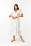 Vual Fabric Short Sleeve Ruffled Neck Comfy Ruffled Midi Dress - Ecru