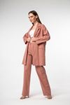 льняный ткань длинные рукава ревер воротник женский пиджак - Светло розовый