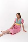 Polyester Fabric Balloon Sleeve V-Neck Midi Square Print Women Dress - Light Pink