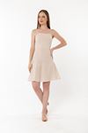 Muslin Fabric Spaghetti Neck Above Knee Tight Fit Back Detailed Women Dress - Beige 