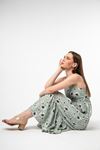 Brocade Fabric Straped Floral Print Hanging Rope Women Dress - Mint