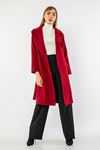 Long Sleeve Revere Collar Long Belted Women'S Coat - Burgundy