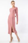 Knit Fabric Long Sleeve Bicycle Collar Tight Fit Slit Mini Women Dress - Rose 