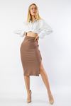 Knit Fabric 3/4 Short Tight Fit Slit Skirt - Brown
