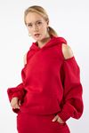 Third Knit Fabric Hooded Below The Hip Oversize Button Women Sweatshirt - Red