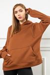 Third Knit Fabric Hooded Below The Hip Oversize Button Women Sweatshirt - Brown