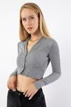 Knitwear Fabric Long Sleeve Bicycle Collar Short Women Cardigan - Grey