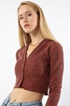 Knitwear Fabric Long Sleeve Bicycle Collar Short Women Cardigan - Brick 