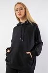 Honeycomb Fabric Long Sleeve Hooded Hip Height Oversize Women Sweatshirt - Black