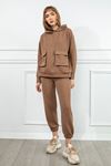 Quilted Fabric Hooded Hip Height Oversize Pocket Detailed Women Sweatshirt - Chanterelle 
