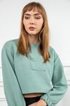 Petek Kumaş Uzun Kol Oversize/Salaş Cep Detaylı Kadın Sweatshirt-Mint