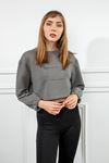 Petek Kumaş Uzun Kol Oversize/Salaş Cep Detaylı Kadın Sweatshirt-Antrasit