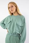 Quilted Fabric Bicycle Collar Oversize Double Pocket Women Sweatshirt - Mint