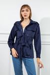 Suede Fabric Long Sleeve Shirt Collar Full Fit Belted Women Jacket - Navy Blue 