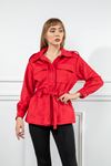Süet Kumaş Uzun Kol Gömlek Yaka Tam Kalıp Kuşaklı Kadın Ceket-Kırmızı