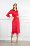 Scuba Süet Fabric Long Sleeve Shirt Collar Midi Straight Büzgü Detayженское платье - Red
