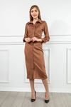 Scuba Süet Fabric Long Sleeve Shirt Collar Midi Straight Büzgü Detayженское платье - Light Brown