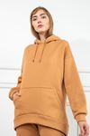 Third Knit Fabric Long Sleeve Hooded Long Oversize Women Sweatshirt - Light Brown