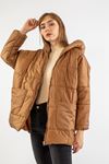 Quilted Fabric Long Sleeve Hooded Short Oversize Women Coat - Light Brown