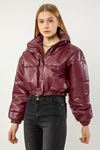 Leather Fabric Long Sleeve Zip Neck Short Oversize Women Coat - Burgundy