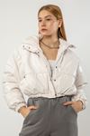 Leather Fabric Long Sleeve Zip Neck Short Oversize Women Coat - Ecru