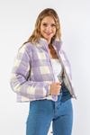 Plaid Fabric Long Sleeve Zip Neck Short Bomber Women Coat - Lilac