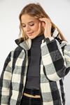 Lumberjack Fabric Long Sleeve Zip Neck Bomber Women Coat - Black